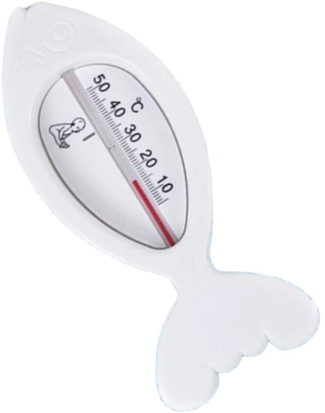 Fish-shaped floating bath thermometer for babies, easy to use, checks water temperature, prevents burns, available in three colors.