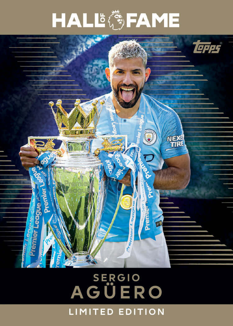 Sergio Aguero holding the Premier League trophy in Topps Hall of Fame Limited Edition trading card.
