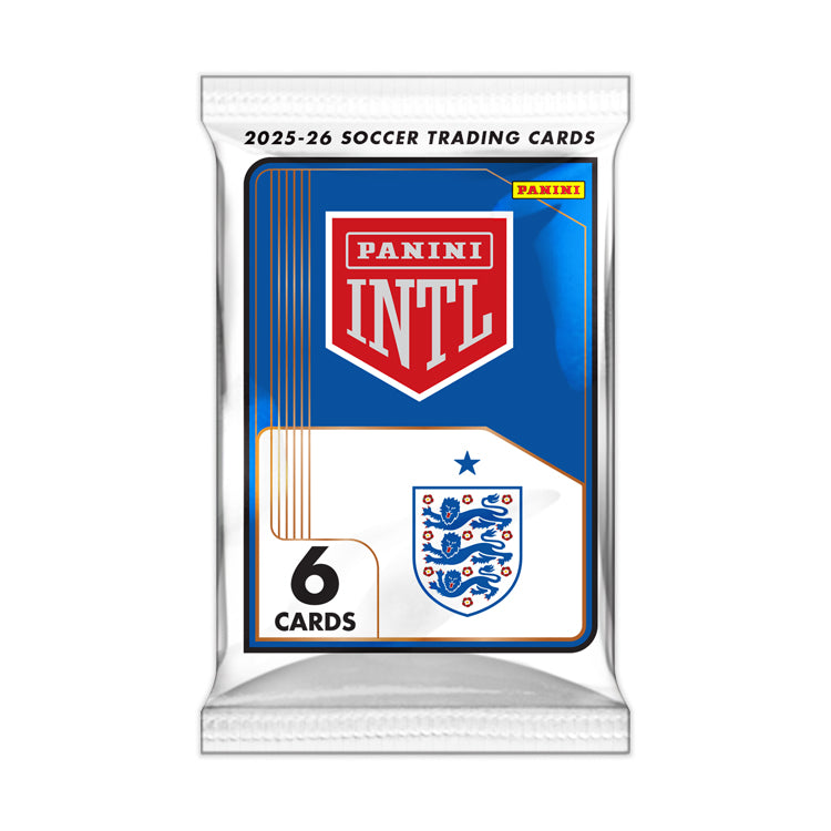 England 2026 International Blaster Box featuring Panini soccer trading cards pack with 6 cards.