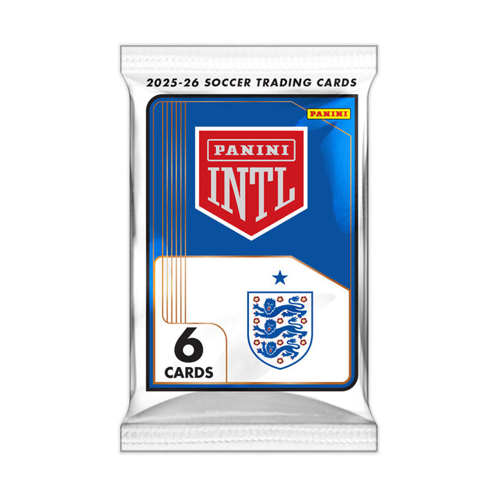 England 2026 International Blaster Box featuring Panini soccer trading cards pack with 6 cards.