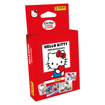 Hello Kitty 50th Anniversary Sticker Collection box by Panini, featuring colorful design and iconic character illustrations.