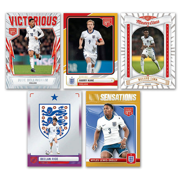 England 2026 International Blaster Box football cards featuring Jude Bellingham, Harry Kane, Bukayo Saka, Declan Rice, Myles Lewis-Skelly.