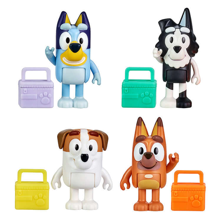 Bluey Series 1 Family Pack figures, including Bluey, Bingo, Chilli, and Bandit with accessories, perfect for imaginative play.