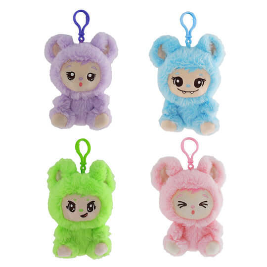 LaBabies 4-inch Collectable Plush Keychain featuring colorful critters in purple, blue, green, and pink.