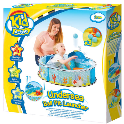 Kid Active Undersea Pop Up Baby Sensory Ball Pit Launcher with whale ball fountain and play balls, developing hand-eye coordination.