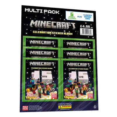 "Minecraft 15th Anniversary Celebration Sticker Collection by Panini featuring six sticker packets and album cover."