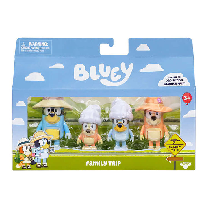 Bluey Family Trip figure pack featuring Bluey and family in a 4-piece toy set with moving arms for imaginative play.