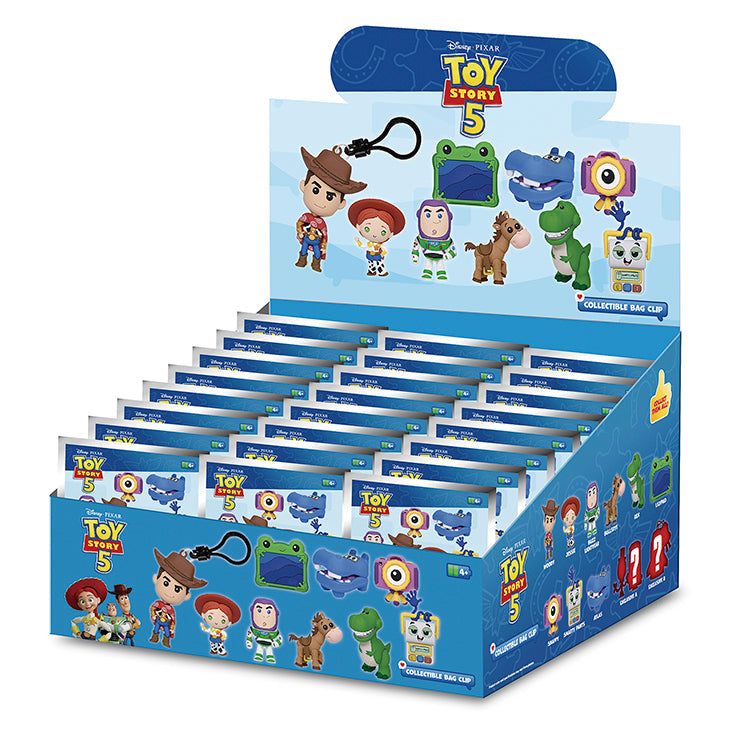 Toy Story 5 Movie Series 1 3D Collectable Keychains display with various character designs and collectible bags.