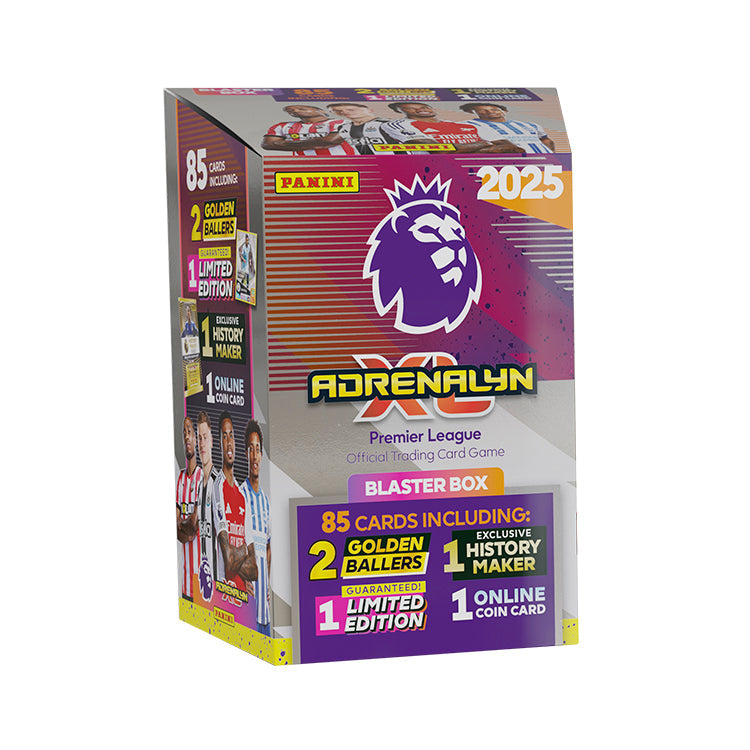 Premier League Adrenalyn XL Blaster Box 2025 featuring 85 cards, 2 Golden Ballers, 1 Limited Edition, and 1 online coin card.