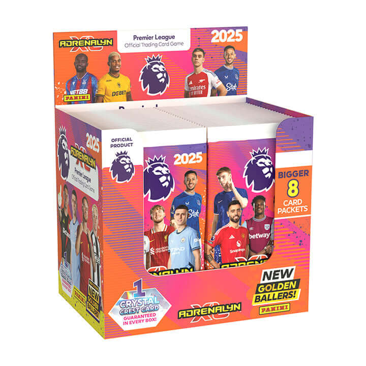 Premier League 2024/25 Adrenalyn XL trading card game box with 8 card packets from Panini.