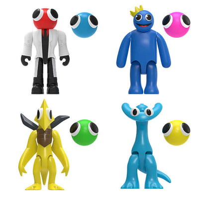 Rainbow Friends Series 2 5" action figures including Blue, Scientist, Cyan, and Yellow Bird with colorful accessories from the hit game.