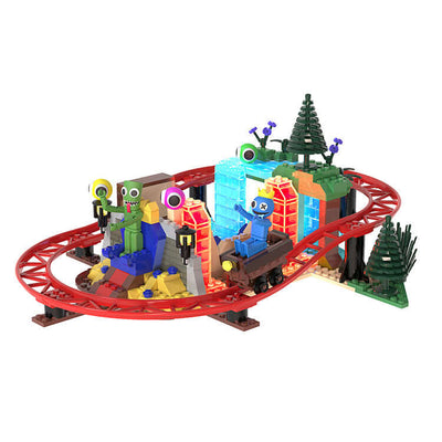 Rainbow Friends Series 3 Deluxe Buildable Set featuring Blue's Throne and Cavern Coaster with colorful Phat$tacks blocks.