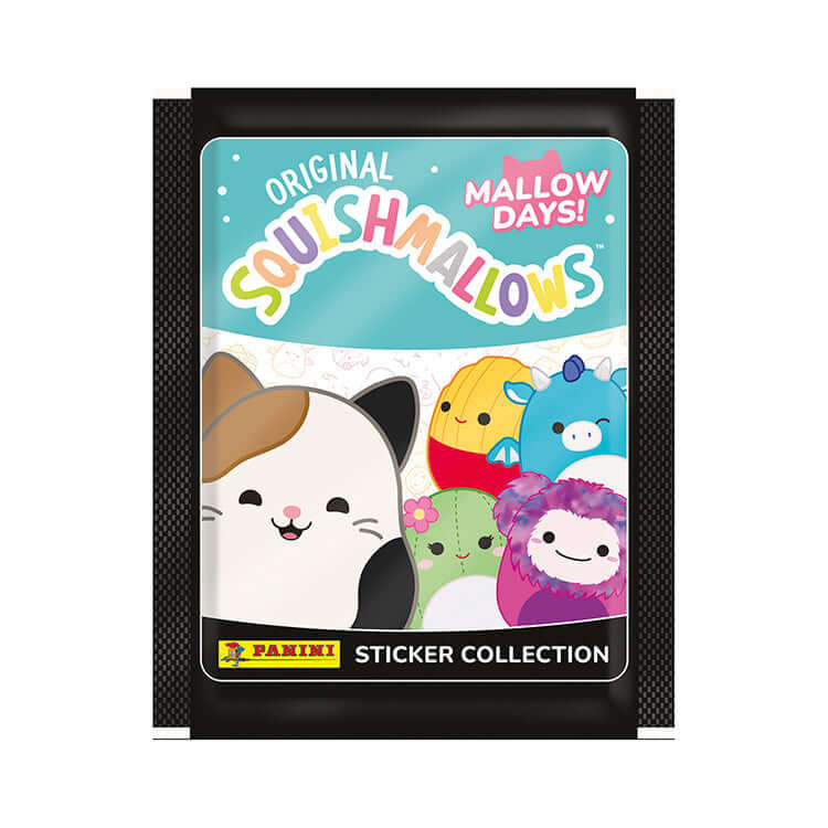 Squishmallows Mallow Days 2024 Sticker Collection featuring colorful characters on a Panini sticker pack.