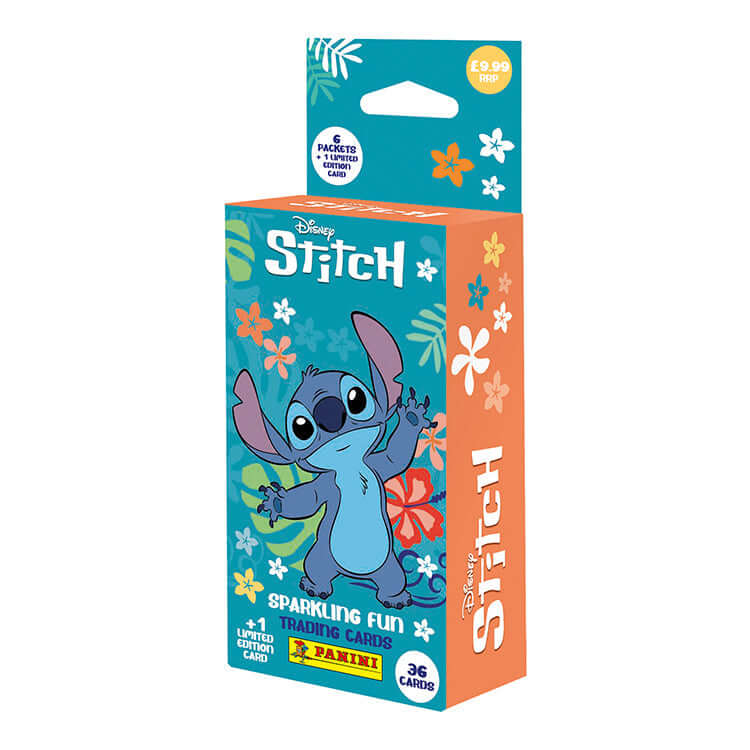 "Panini Stitch Trading Card Collection Box featuring Stitch character artwork and sparkling fun design"