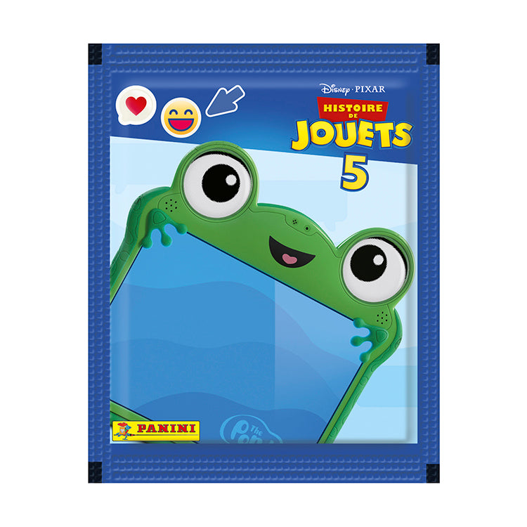 Toy Story 5 sticker collection featuring a colorful frog character from the Panini album.