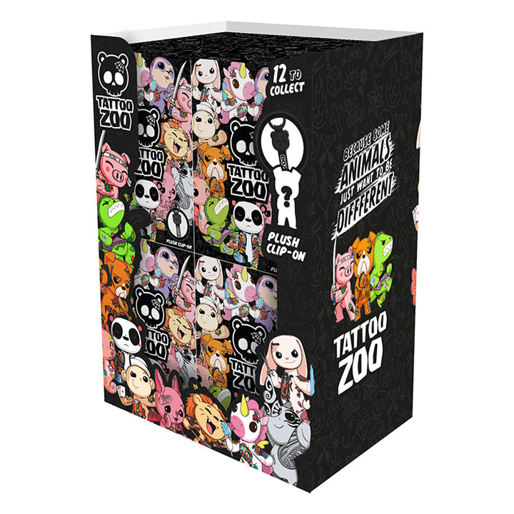 Tattoo Zoo Plush Keychain blind box display with colorful animal designs for collection, featuring 12 unique designs.