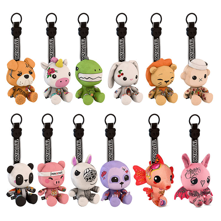 Tattoo Zoo Plush Keychain collection featuring twelve tattooed animal designs in soft plush with keychains.