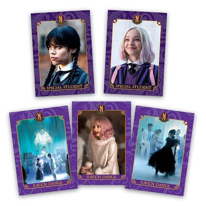 "Wednesday Nevermore Academy trading cards featuring characters from Wednesday Addams' world showcasing special students and Raven Dance."