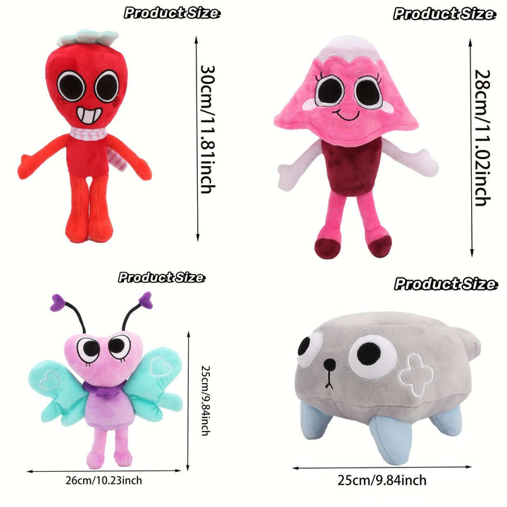 Collection of colorful plush toys including a red character, jelly figure, butterfly, and pebble dog, with size information.