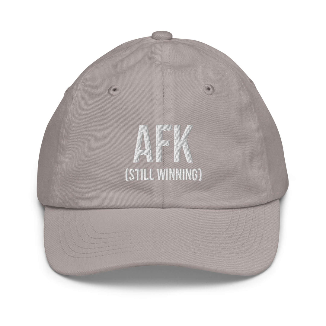 AFK Youth baseball cap in gray featuring embroidered text 'AFK (STILL WINNING)' for stylish sun protection.