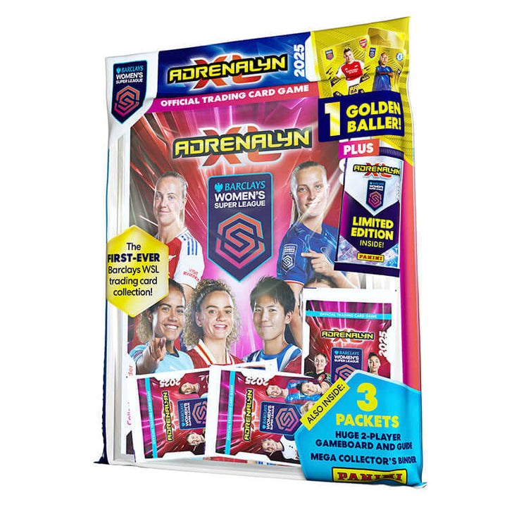 Barclays Women’s Super League Adrenalyn 2025 trading card game featuring 3 packets and a golden baller.