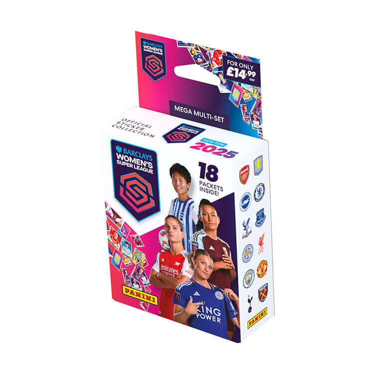 Barclays Women's Super League 2025 sticker collection box featuring football stars, includes 18 packets, Panini official release.