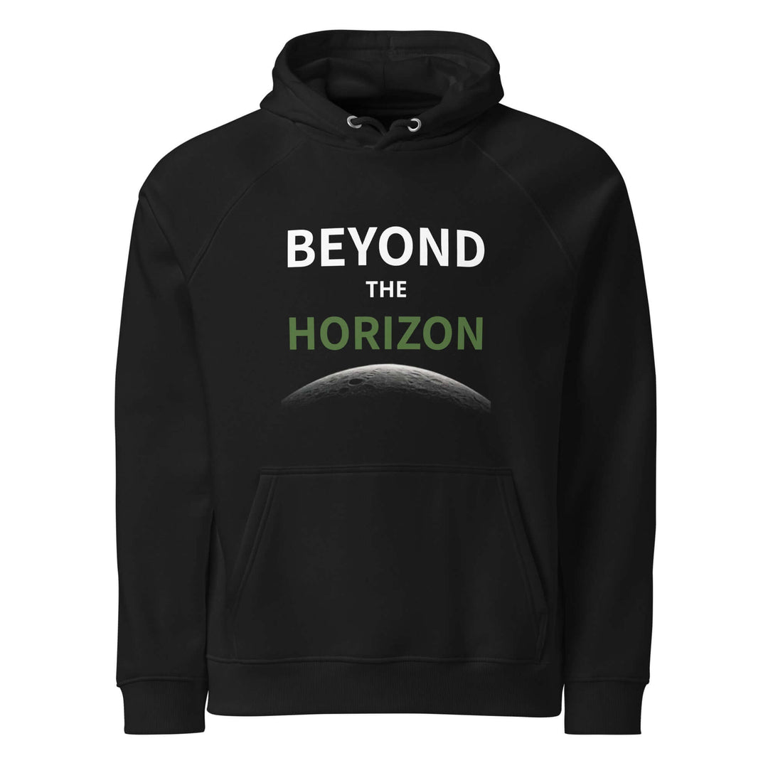 Beyond the horizon Unisex eco raglan hoodie in black with moon graphic and eco-friendly message.
