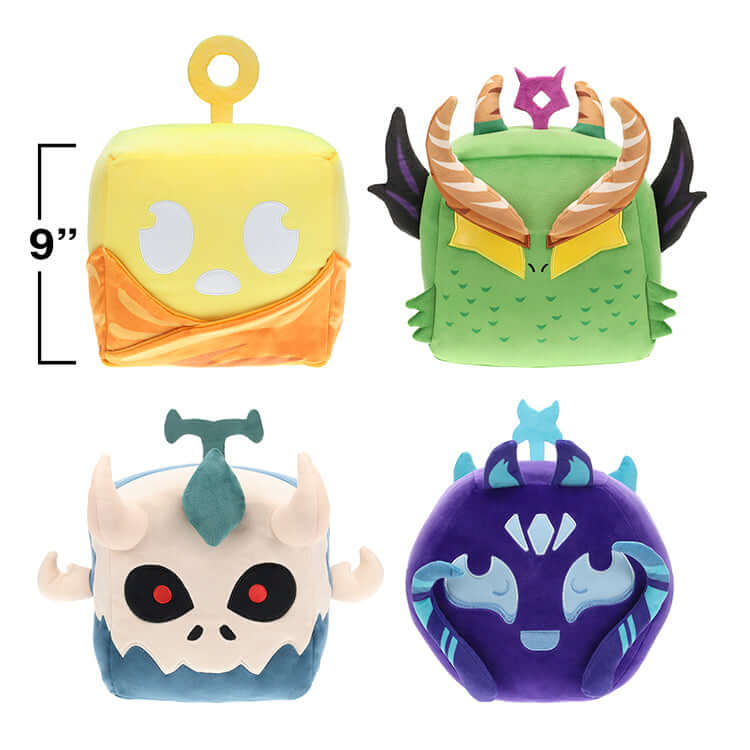 Blox Fruits Series 2 Huge Fruits Plush featuring four magical fruits, each 9 inches tall, vibrant colors and detailed designs.
