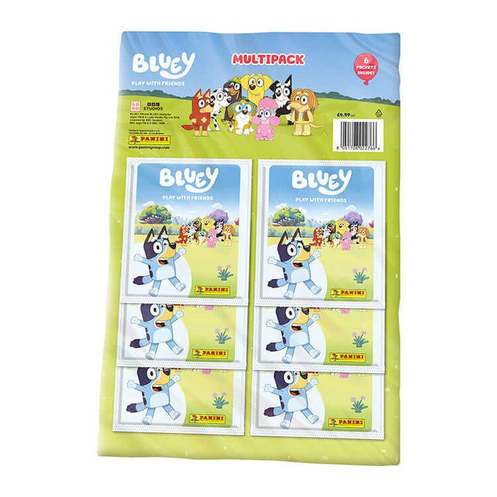Bluey 'Play With Friends' multipack featuring collectible stickers from Panini, showcasing beloved characters.