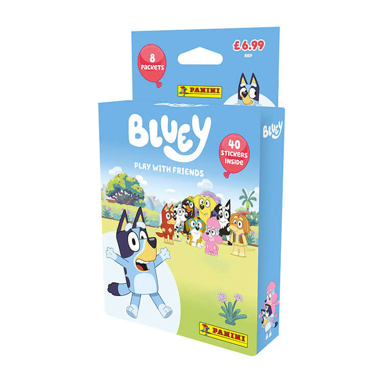 Bluey 'Play With Friends' Sticker Collection box with 40 stickers and 8 packets, featuring friendly characters from the show.