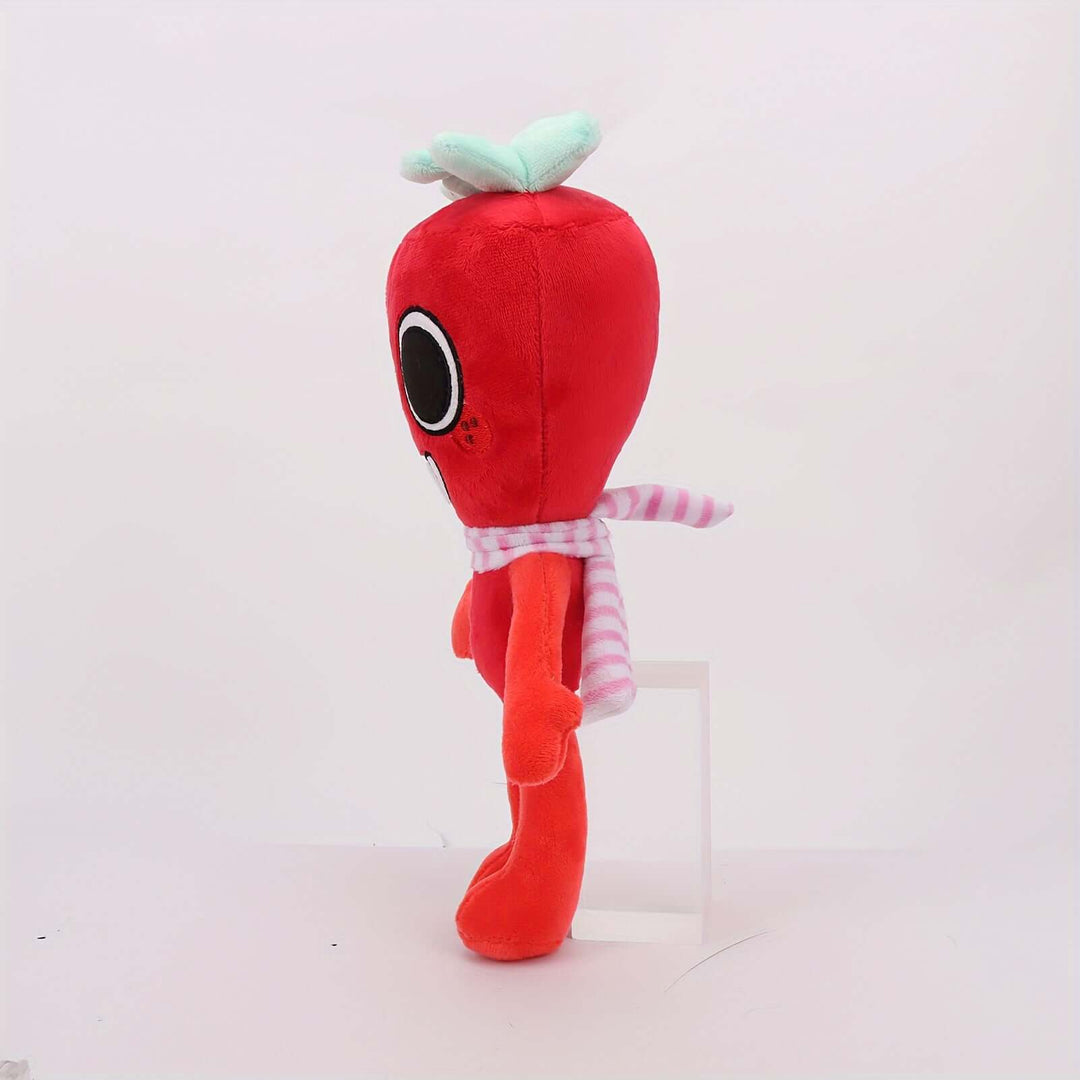 Cute red plush stuffed animal with a scarf, perfect for game enthusiasts and whimsical home decor.