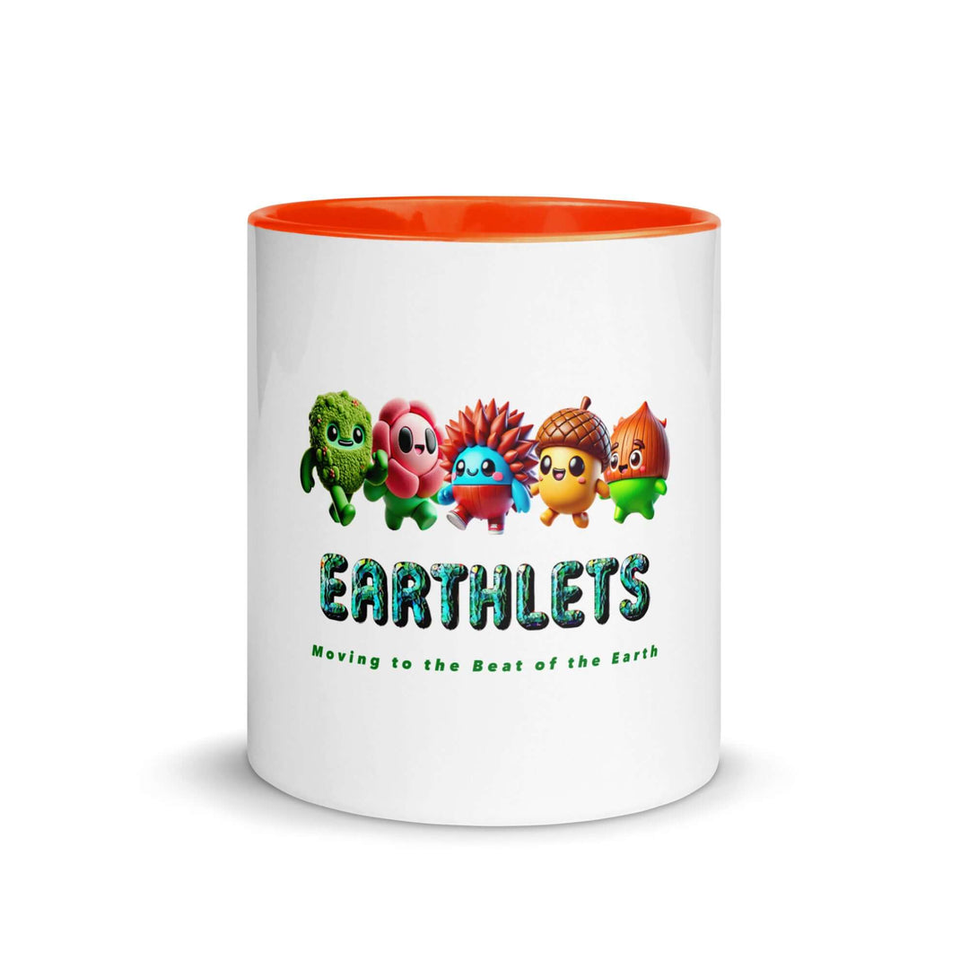 Earthlets mug with colorful interior, featuring playful characters and text design, ideal for unique customizations.