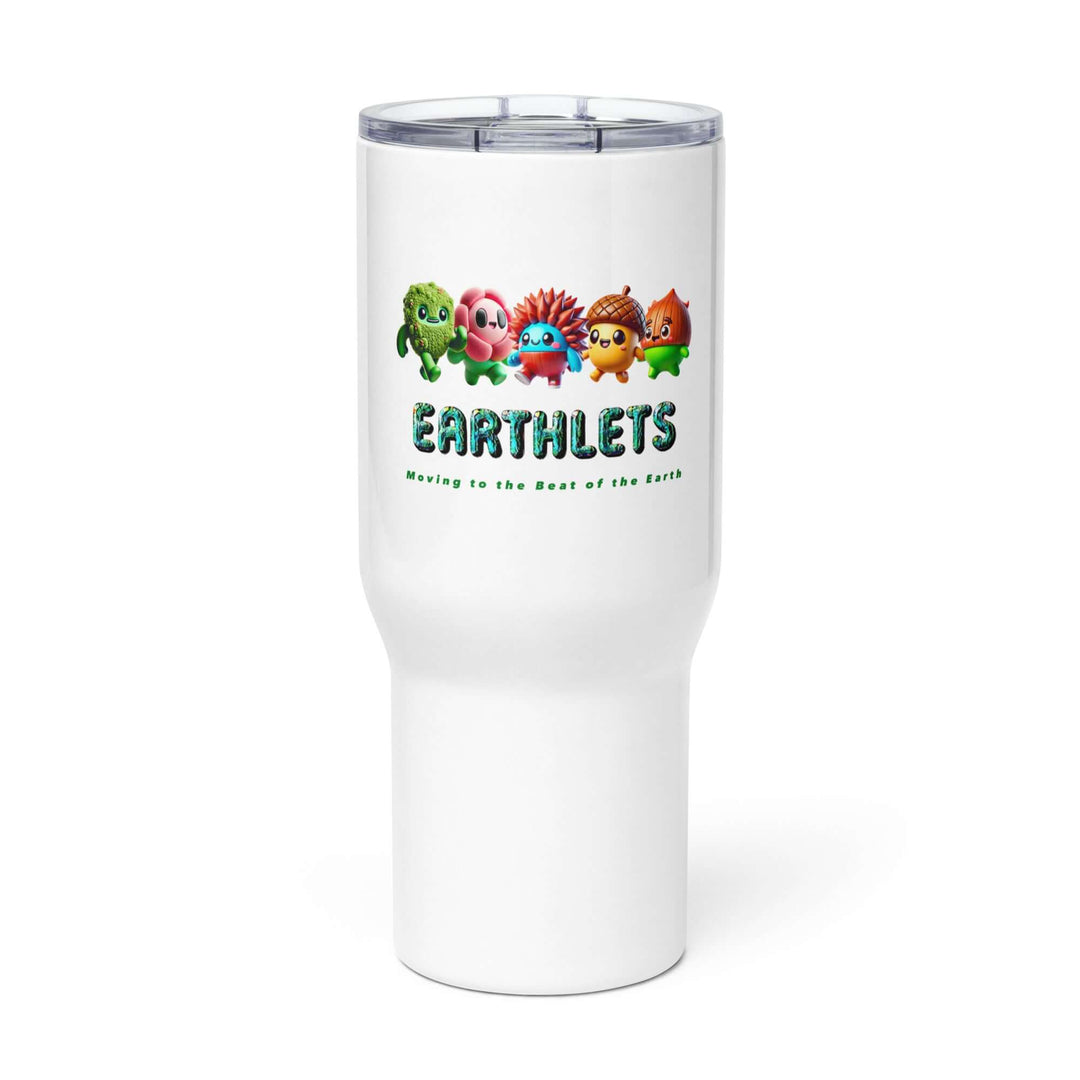 Earthlets travel mug featuring playful characters, perfect for hot and cold beverages on the go.