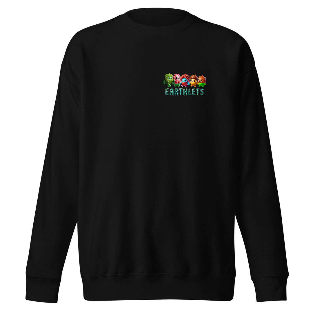 Earthlets premium unisex sweatshirt in black with colorful design on the front.