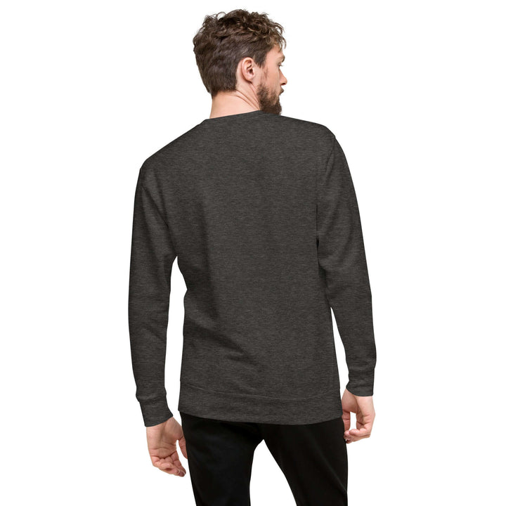 Back view of a man wearing the Earthlets Unisex Premium Sweatshirt in charcoal color.