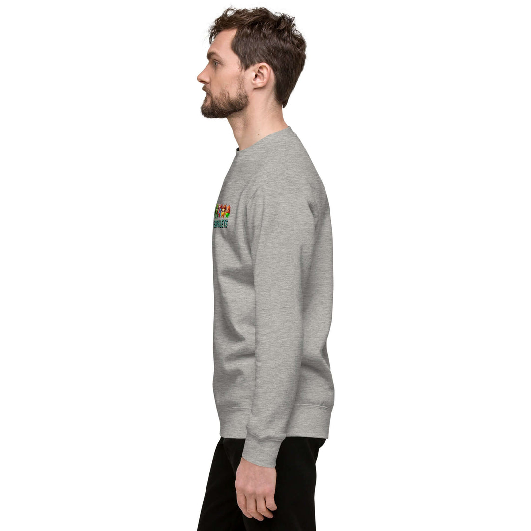 Earthlets Unisex Premium Sweatshirt worn by a side profile male model showcasing its contemporary design and fit.