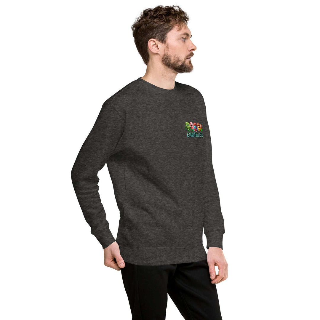 Earthlets Unisex Premium Sweatshirt in charcoal heather worn by a man, showcasing contemporary streetwear style.