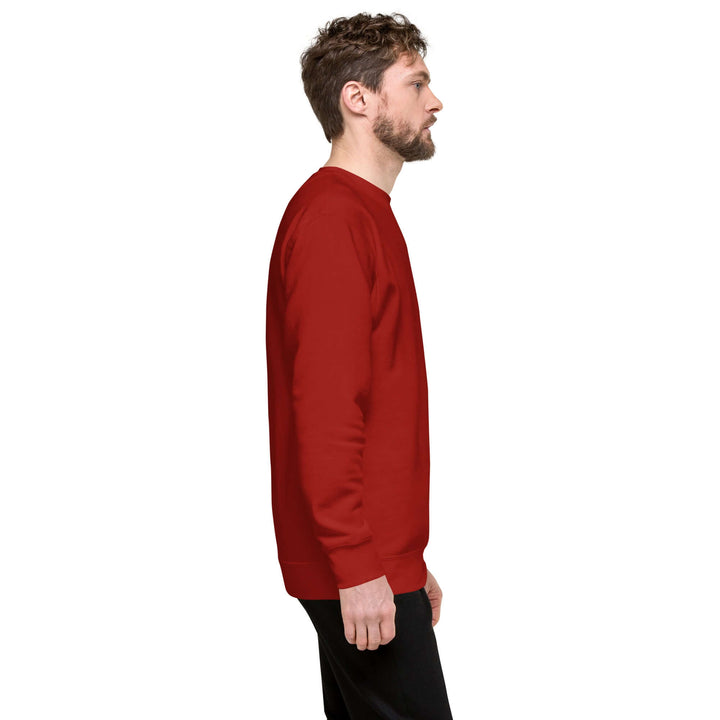 Earthlets Unisex Premium Sweatshirt displayed on a model from the side, showcasing ribbed crew neck and long sleeves.