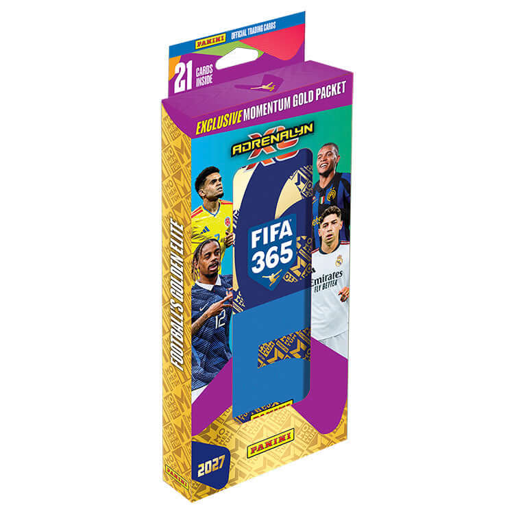 FIFA 365 2026 27 Adrenalyn XL Trading Cards Exclusive Momentum Gold Packet featuring top football players.