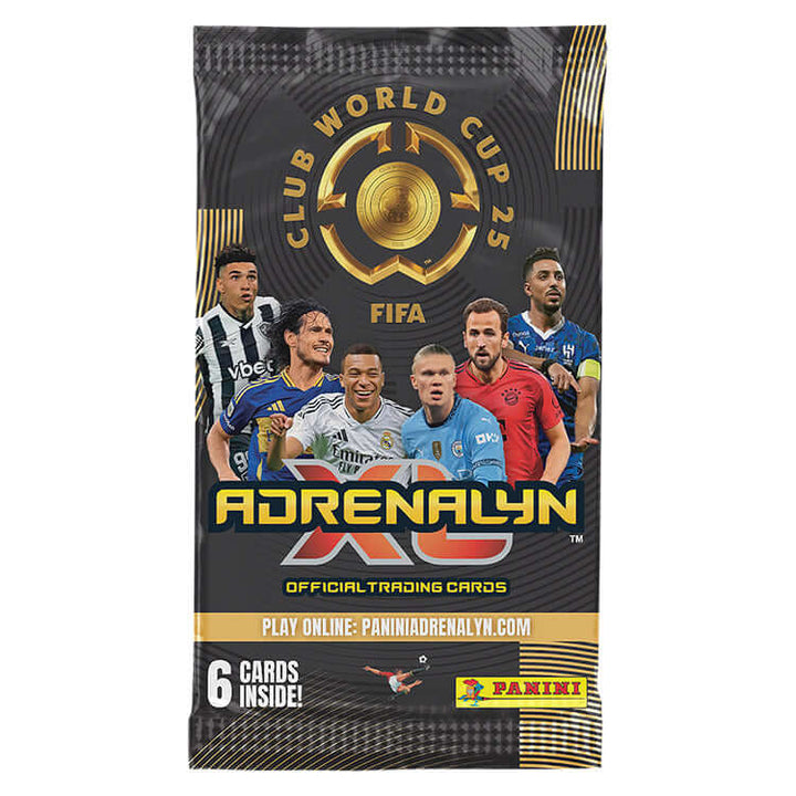 FIFA Club World Cup 2025 Adrenalyn XL trading card pack featuring top footballers, 6 cards inside by Panini.