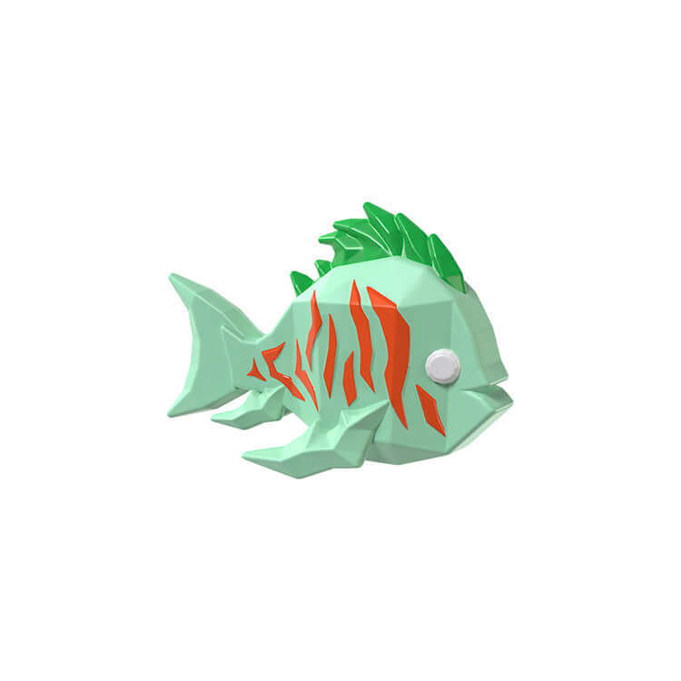 Colorful Fisch microfigure resembling a fish with green fins and orange stripes, part of the underwater toy collection.