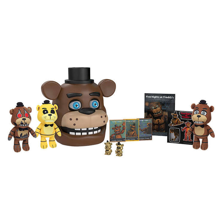 Five Nights at Freddy's Animatronic Freddy Bundle featuring plush figures, Freddy Case, microfigures, poster, and sticker sheet.