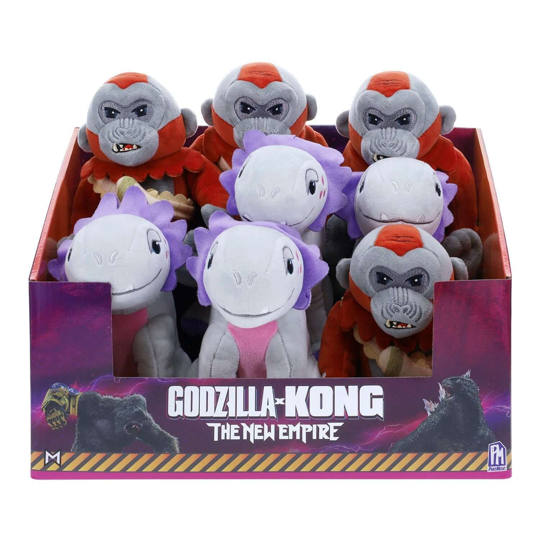 Godzilla x Kong 6" Plush Collectibles in a display box, featuring Shimo and Skar King ready for cuddles and play.