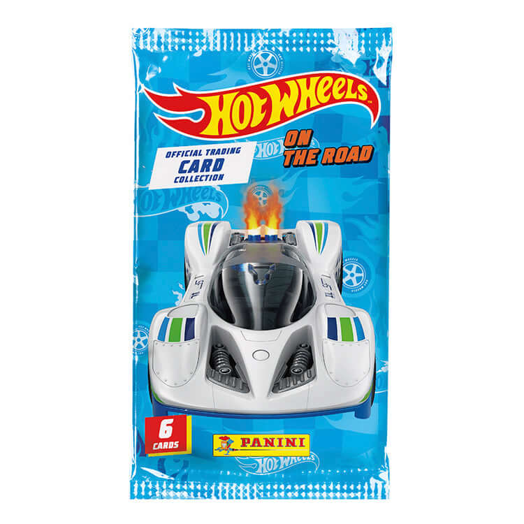 Hot Wheels On The Road trading card collection pack featuring a sleek race car design by Panini.