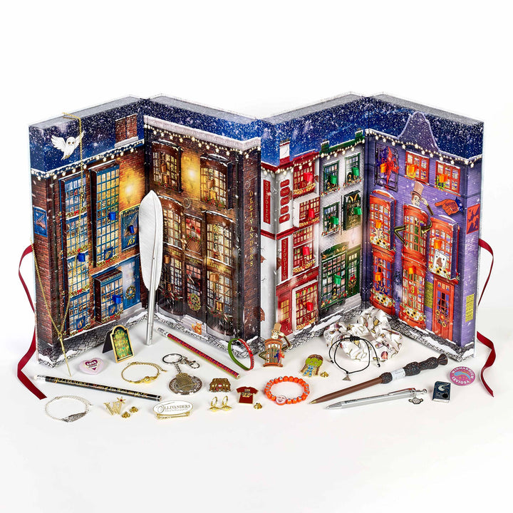 Harry Potter Diagon Alley advent calendar featuring magical shop fronts and exclusive collectable items.