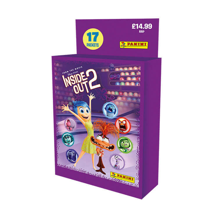 Inside Out 2 Sticker Collection Box by Panini featuring characters from the movie sequel, priced at £14.99 with 17 packets.