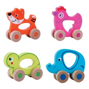 Colorful push along toys including fox, hen, turtle, and elephant with wooden wheels, designed for young children's play.