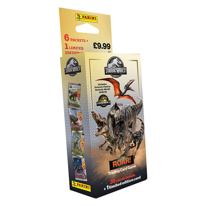 Jurassic World ROAR Trading Card Collection by Panini featuring dinosaur cards and limited edition collectible.