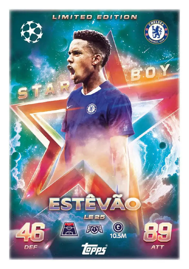 Match Attax 25/26 - Starter Pack Limited Edition card featuring Estêvão with stats and vibrant design.