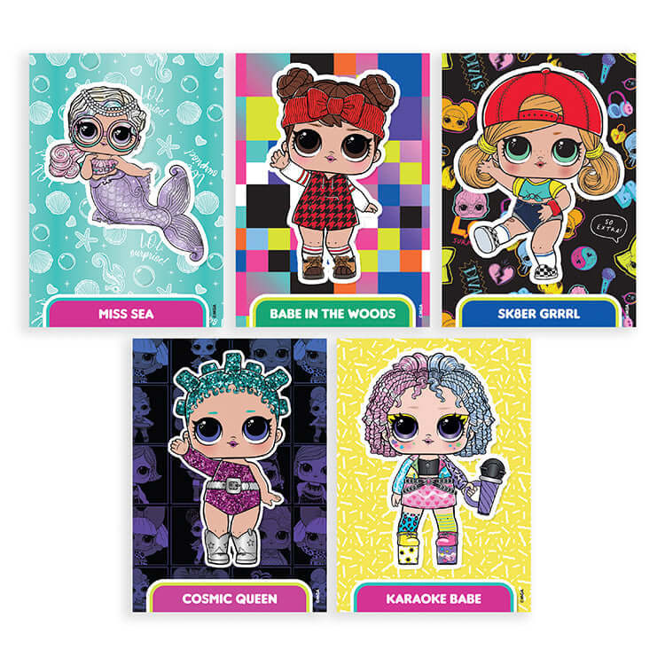 L.O.L Together We Slay Trading Card Collection featuring Miss Sea, Babe in the Woods, Skber Grrrl, Cosmic Queen, Karaoke Babe.